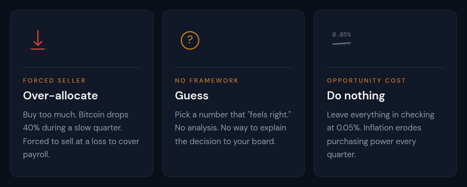 Three common mistakes in Bitcoin treasury allocation: over-allocate, guess, or do nothing. Each leads to suboptimal outcomes.